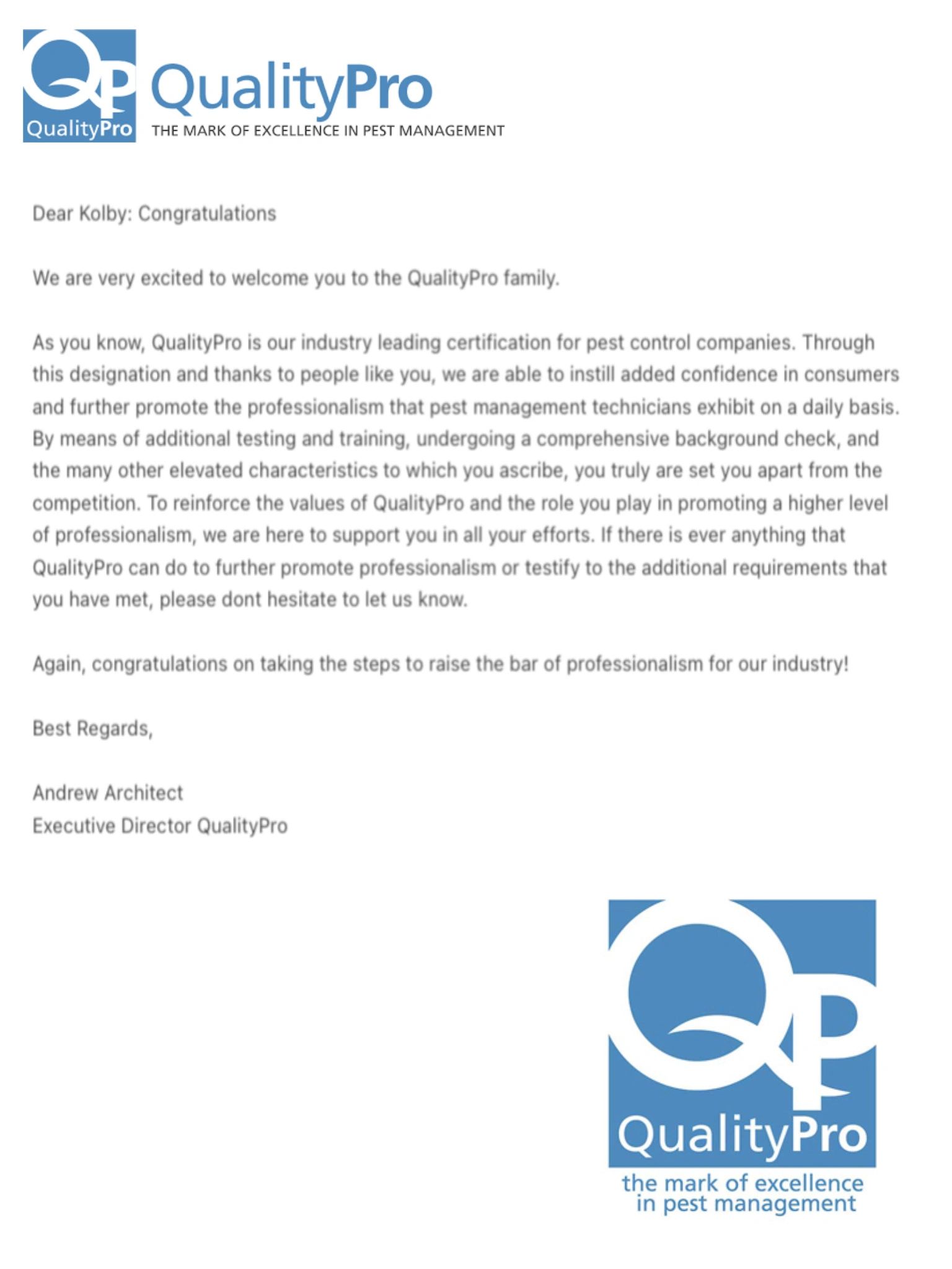 Iron City Pest Management's QualityPro welcome letter and certification